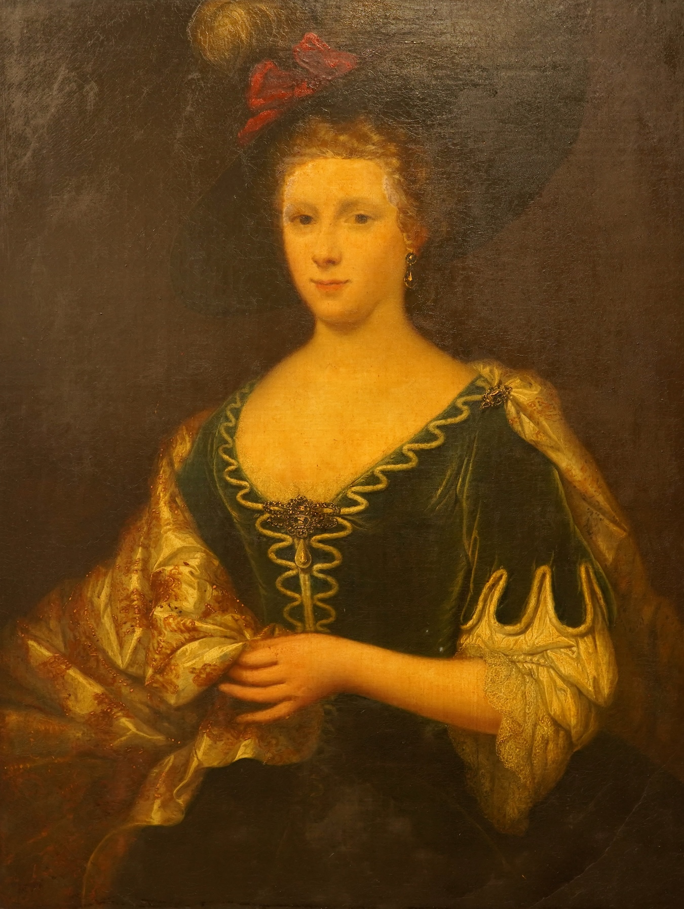 18th century, English school, Portrait of a lady in Georgian dress, unsigned, oil on canvas, 87 x 64cm, ornate gilt frame